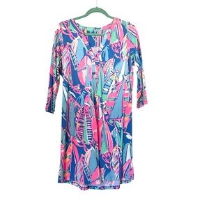 Lilly Pulitzer Ali V Neck Dress Out To Sea Sailboat Print Womens Medium Pima